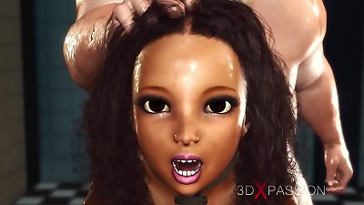 nailing machine. super hot ebony in restraints and gigantic crazy chef