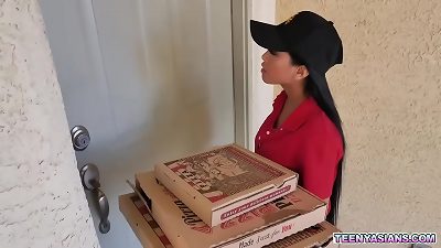 2 naughty teens ordered some pizza and nailed this beautiful korean delivery girl.