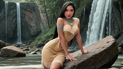 Pocahontas - romp with fantastic Native american at Waterfall (AI-Generated)